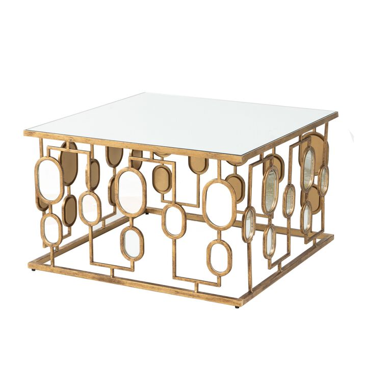32 Inch Coffee Table, Mirror Top, Geometric Patterns, Iron, Modern, Gold-Benzara