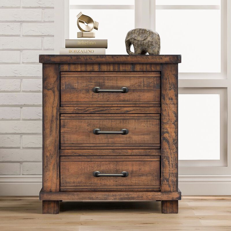 Rustic Nightstand with Drawers &ndash; Reclaimed Solid Wood Farmhouse Bedside Table with Three Storage Drawers
