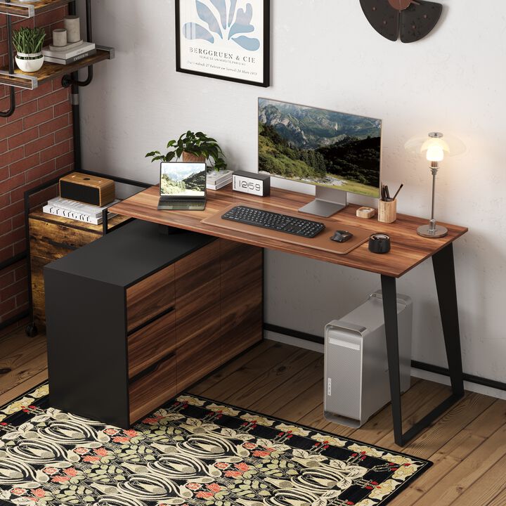 54.3 in. Reversible L-Shaped Brown Wood Writing Desk Office Workstation With Adjustable Shelves, Drawers, Doors Cabinet