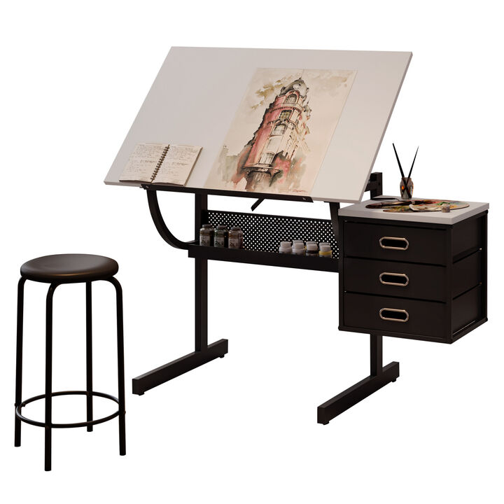 GOODSILO Adjustable Drafting Table With Storage Drawers And Stool For Artists And Crafters