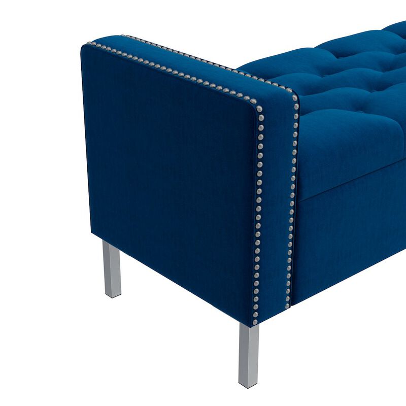 HL Home Furnishings Square Arm Tufted Storage Ottoman in Navy Blue Velvet