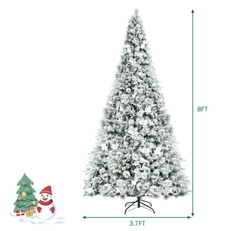 8 Feet Snow Flocked Hinged Christmas Tree with Berries and Poinsettia Flowers image number 5