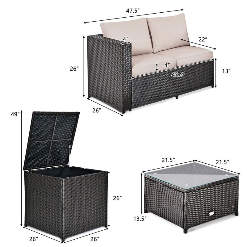 Mondawe 4 Pieces Outdoor Patio Rattan Furniture Set with Loveseat and Storage Box