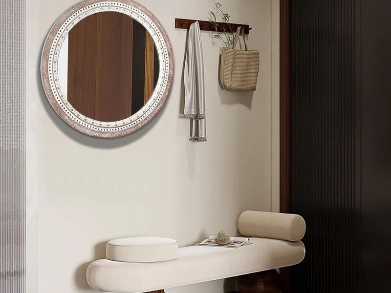 24" Rustic Round Mirror &ndash; Beaded Wood Frame for Wall Decor