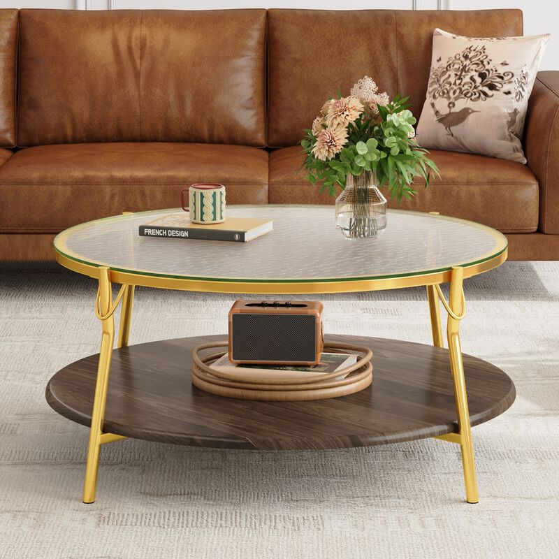 GOODSILO Modern Round Two-Tiered Coffee Table with Glass Top and Gold Metal Base for Contemporary Living Room D&eacute;cor image number 8