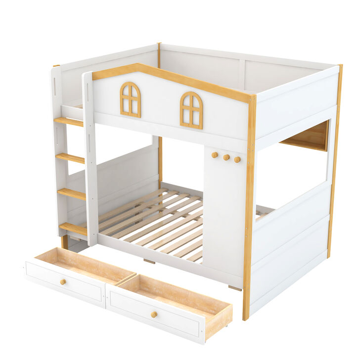 Merax House-Shaped Bunk Bed with Storage Shelves, Side Hooks & Under-Bed Drawers