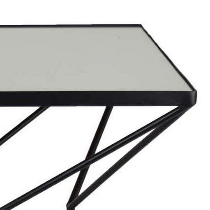 21 Inch Plant Stand Side Table, Mirror Top, Black Geometric Metal Frame - Benzara