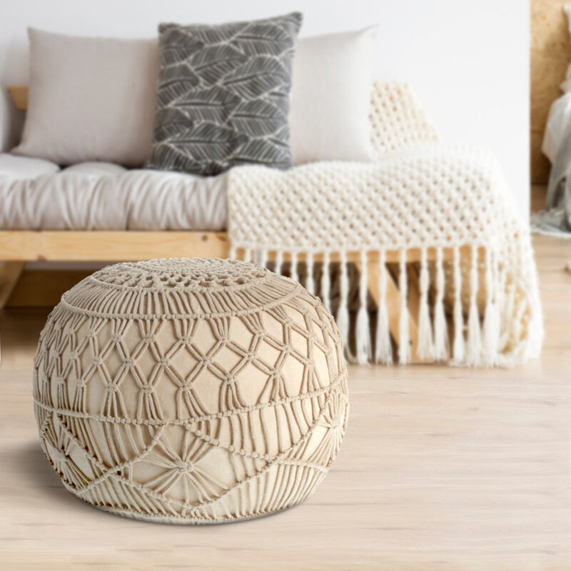 Tufted Cotton Round Pouf Ottoman – Decorative Geometric Accent Seat