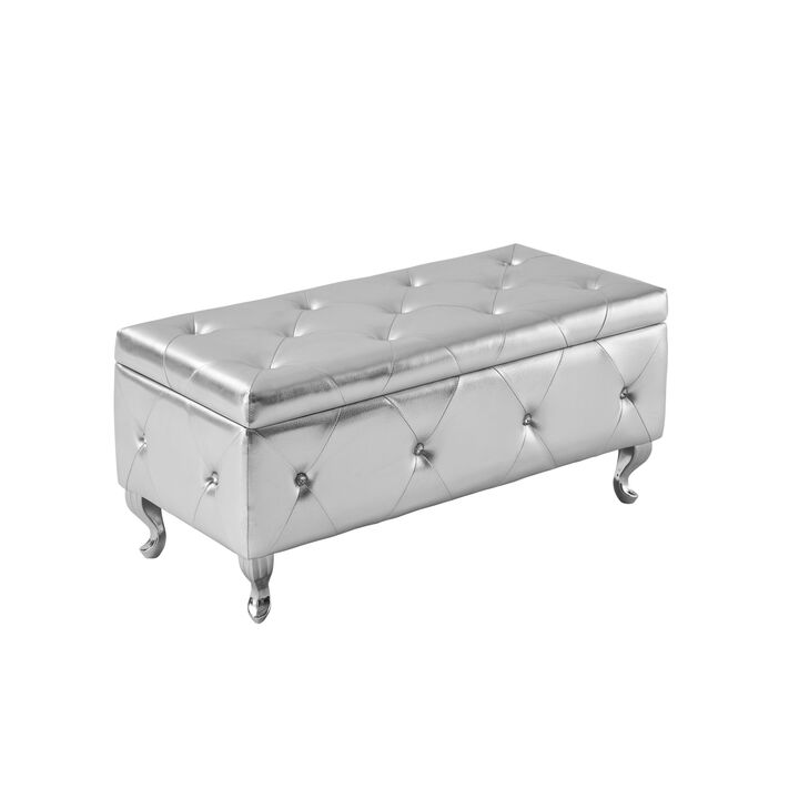 Storage Bench, Flip Top Entryway Bench Seat with Safety Hinge, Storage Chest with Padded Seat, Bed End Stool for Hallway Living Room Bedroom, Supports 250 lbs, Silver PU