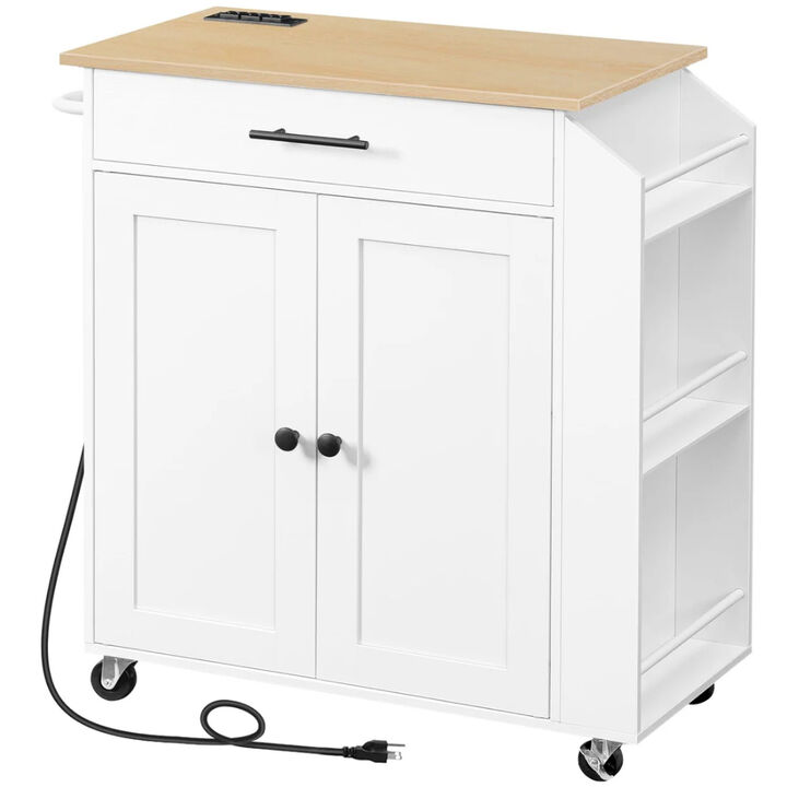 Kitchen Island Cart with Power Outlet, Spice Rack and Storage Drawers
