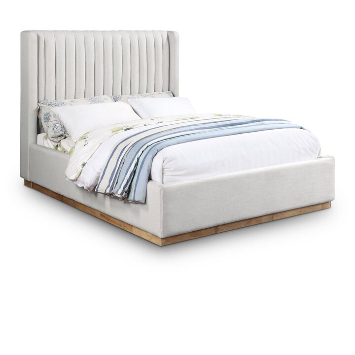 Meridian Furniture Logan Cream Linen Textured Fabric Queen Bed