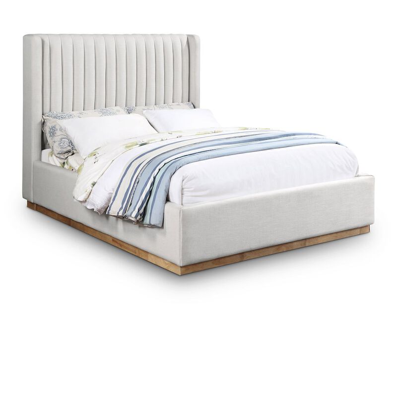 Meridian Furniture Logan Cream Linen Textured Fabric Queen Bed