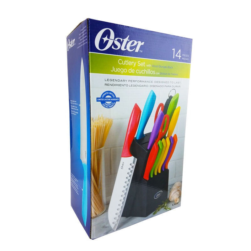 Oster 14 Piece Stainless Steel Assorted Color Cutlery Knife Set with Wood Storage Block
