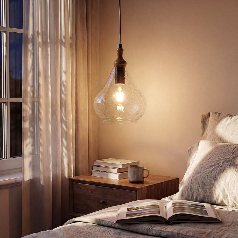 Farmhouse Seeded Glass Teardrop Pendant Lights, Wood Accent, Set of Three image number 4