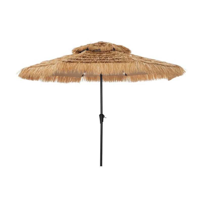 Mondawe 9 ft Hawaiian Style Crank Design 2 Tier Straw Patio Umbrella Shade with LED Light image number 0