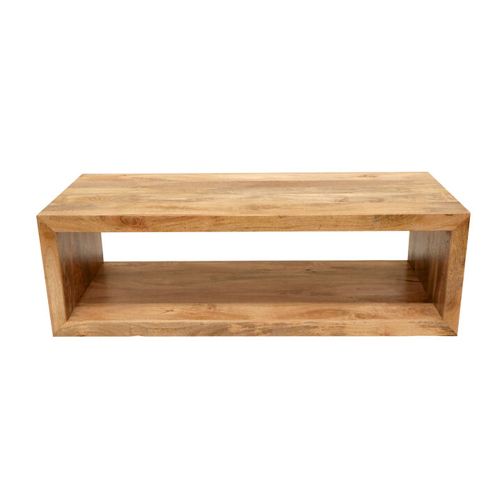 Keli 58 Inch Mango Wood Coffee Table, Open Cube, 1 Shelf, Natural Brown-Benzara