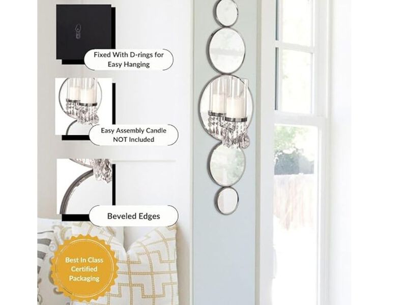 Silver Round Mirror Candle Sconce &ndash; Wall Accent for Living & Bedroom