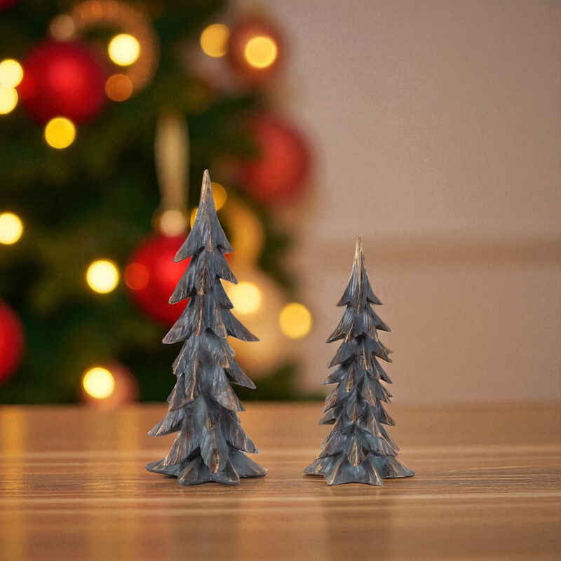 Set of 2 Holiday Pine Trees for Tabletop, Shelf, or Mantel Seasonal Display