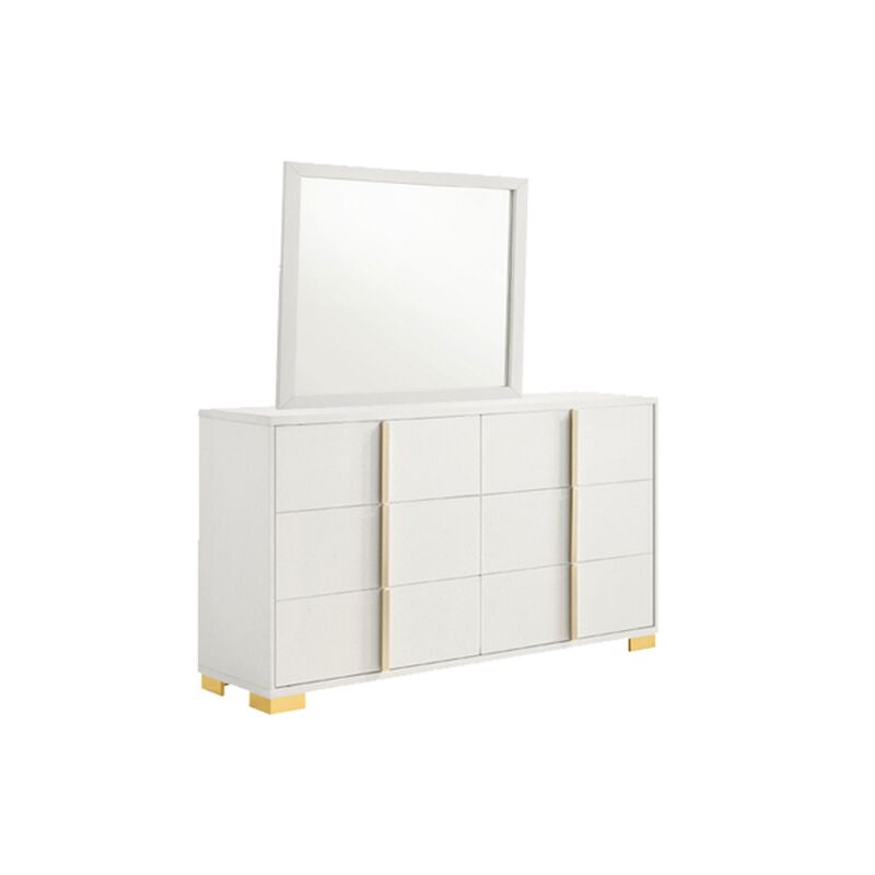 Dex 4 Piece Full Bedroom Set, White, Gold Accents, LED Headboard - Benzara