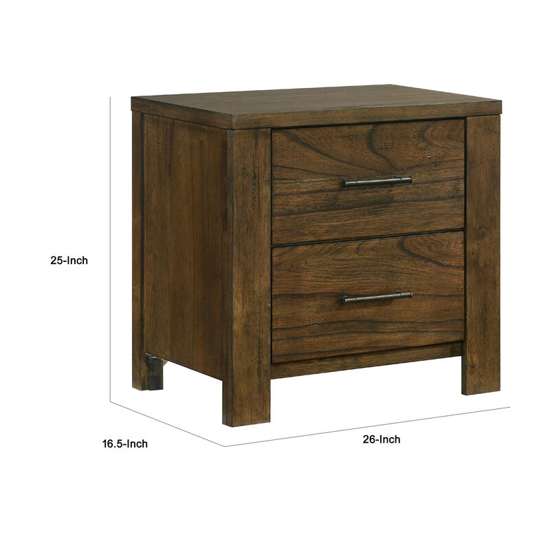 Suli Nightstand, 2 Drawers Metal Handles, Brown Mindy Veneer, 26 Inch - Benzara