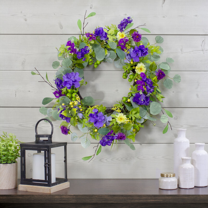 Eucalyptus and Hydrangea Floral Berry Spring Wreath  Purple and Yellow 23" image number 1