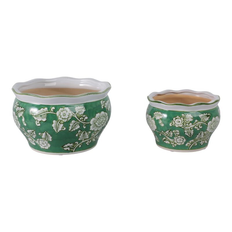 S/2 6/8" Floral Chinoiserie Planters, Green image number 2
