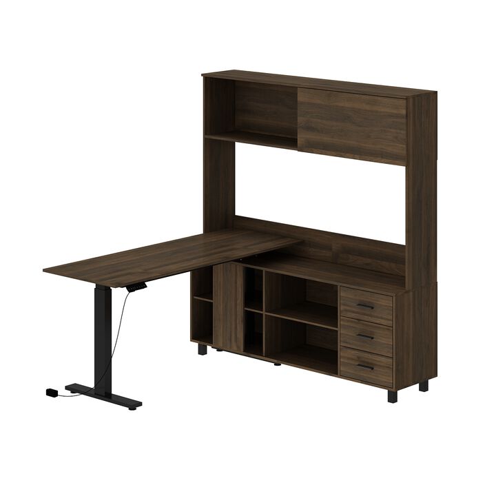 FUFU&GAGA L-Shaped Standing Desk with Hutch &ndash; Adjustable Height Computer Desk with Storage Drawers & Shelves, (63" W x 68.3" H x 63" D), Rustic Brown