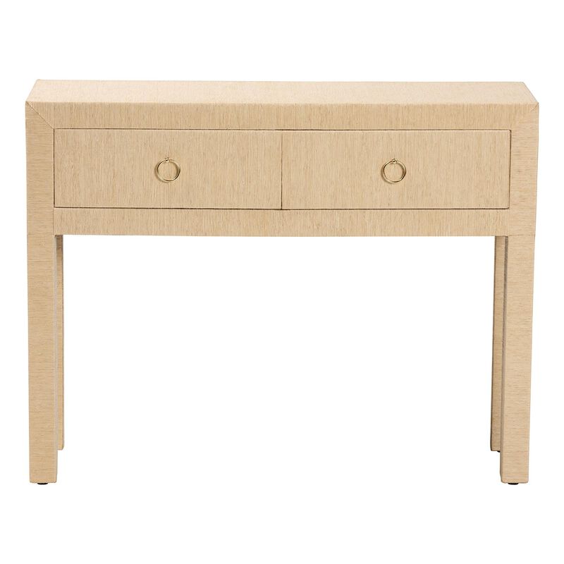 bali & pari Noah Grasscloth 2-Drawer Console Table - Woven Texture Entryway Table with Gold Ring Pulls, Narrow Hallway or Living Room Accent Table, Beige