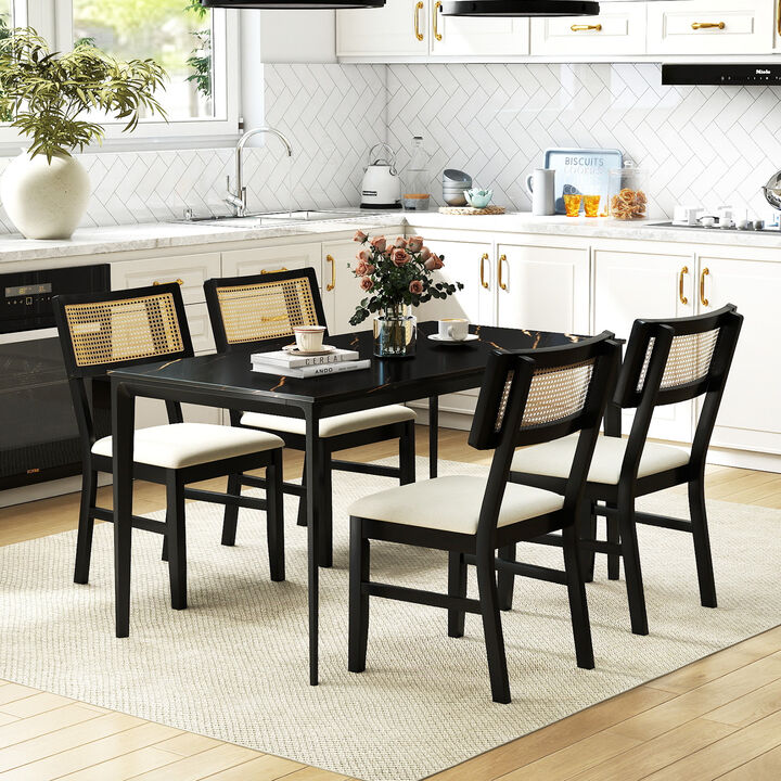 Set of 4 Rattan Dining Chairs with Padded Fabric Seats and Wood Legs