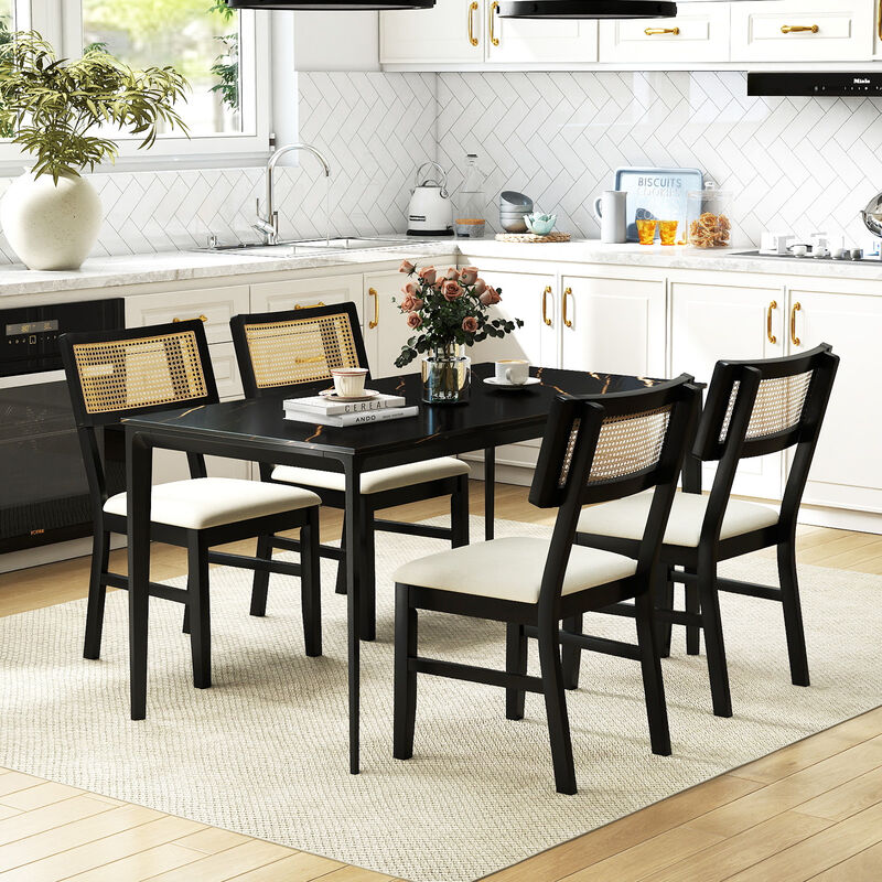 Set of 4 Rattan Dining Chairs with Padded Fabric Seats and Wood Legs image number 1