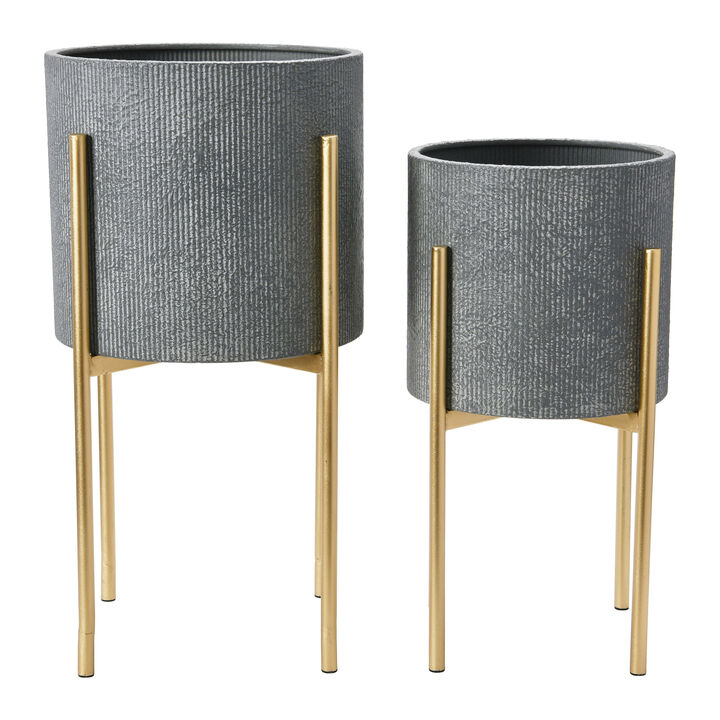 Modern Boho Embossed Metal Planters with Stands, Charcoal Grey and Gold, Set of 2 Sizes