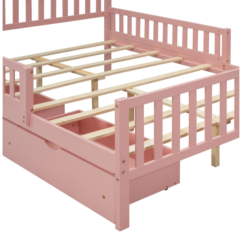Full Size Wood Platform Bed with Guardrails on Both Sides and Two Storage Drawers, Pink