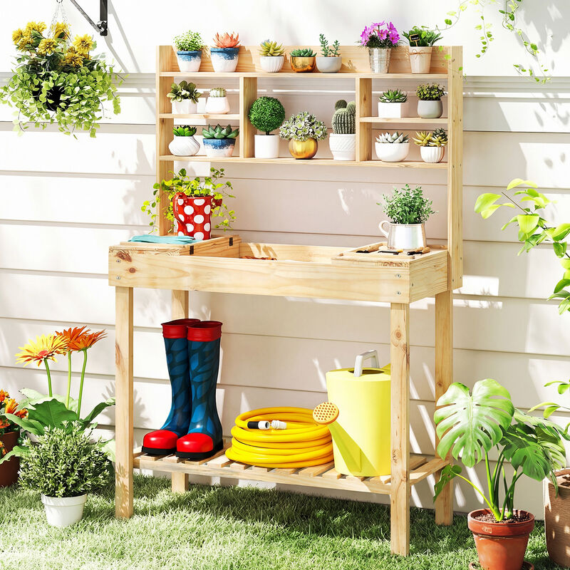 Garden Potting Bench Workstation with Wooden Table and 3-Tier Open Shelves image number 4