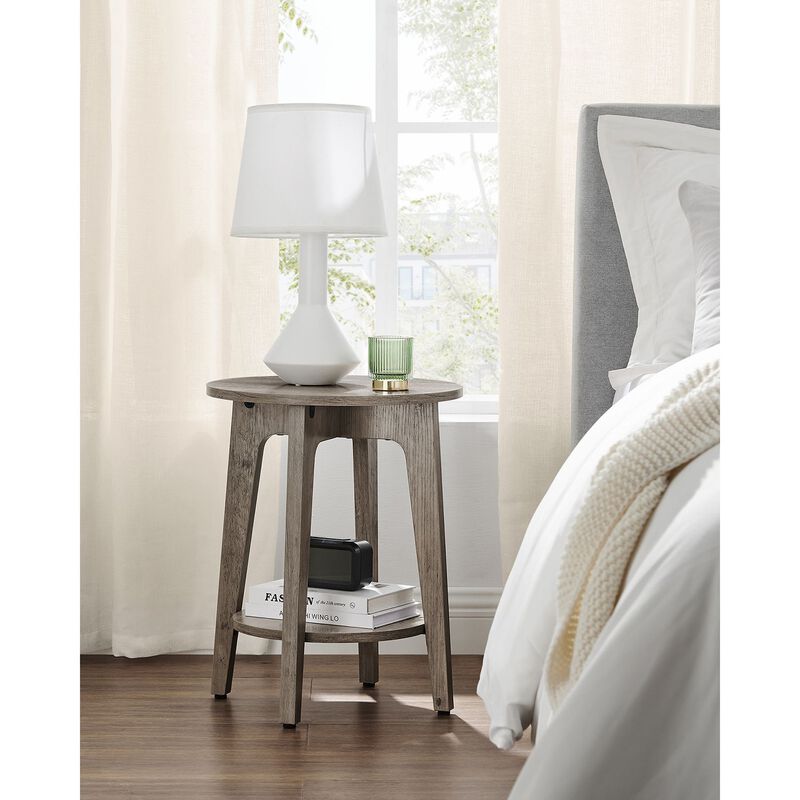 Minimalist Round End Table &ndash; Small Table with Lower Shelf for Sofa Side or Bedside Storage Needs