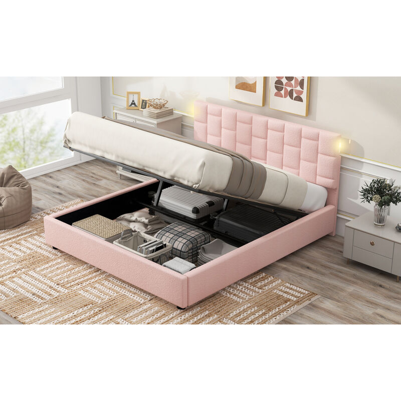Queen Size Upholstered Platform bed with Heightadjustable Headboard and Underbed Storage Space, Pink