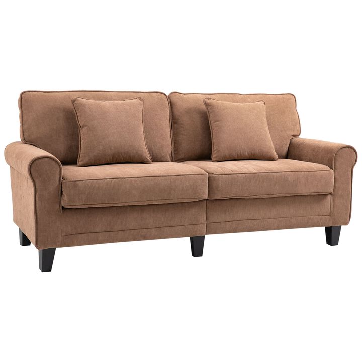 Modern Classic 3-Seater Sofa Corduroy Fabric Couch with Pine Wood Legs  Rolled Arms for Living Room  Light Brown