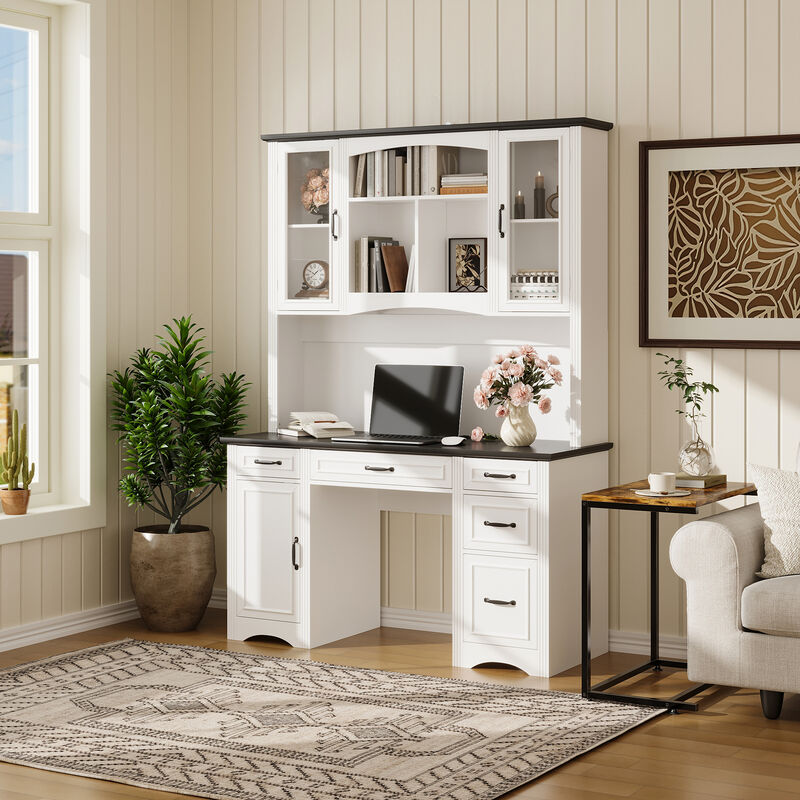 FUFU&GAGA Rustic Office Desk with Transparent Glass Doors, Shelves, Multiple Drawers, Large Storage Space, and Power Strip, (57.9 in. W x 10.7 in. D x 78.7 in. H), White and Black