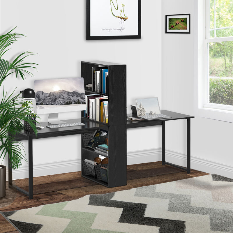 HOMCOM 88" Extra Long 2-Person Computer Desk with Storage Shelves Combo, Double Workstation Storage Study Writing Table for Home Office, Bookshelf, Black