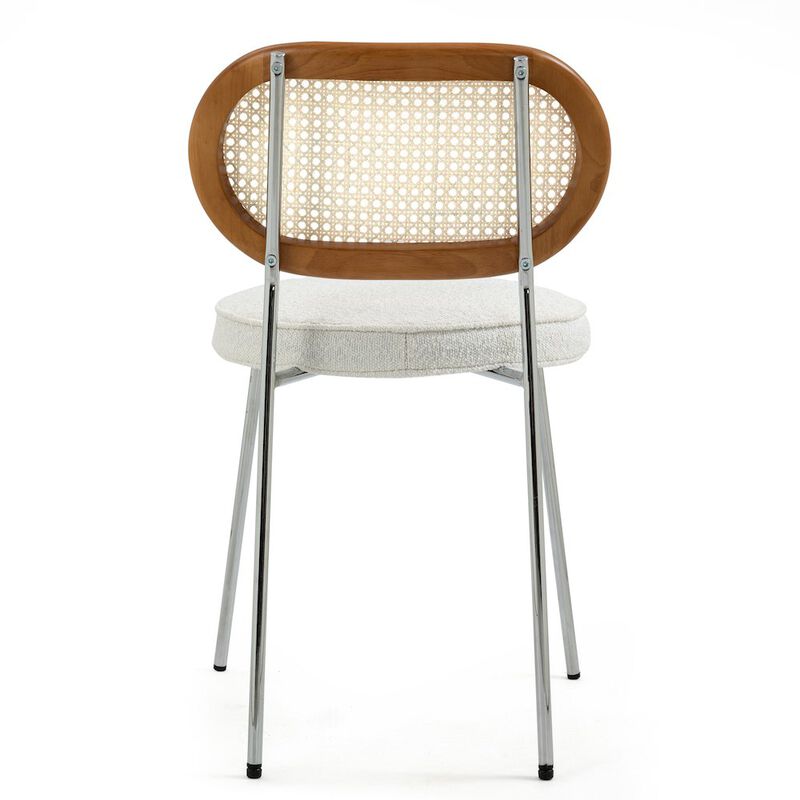 Glamour Home Set of 2 White Boucle Fabric Dining Chair Rattan Backrest and Chrome Legs