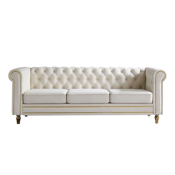 Chesterfield Velvet Sofa 84.65 inch for Living Room Beige Color