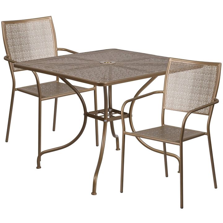 Flash Furniture Commercial Grade 35.5" Square Gold Indoor-Outdoor Steel Patio Table Set with 2 Square Back Chairs