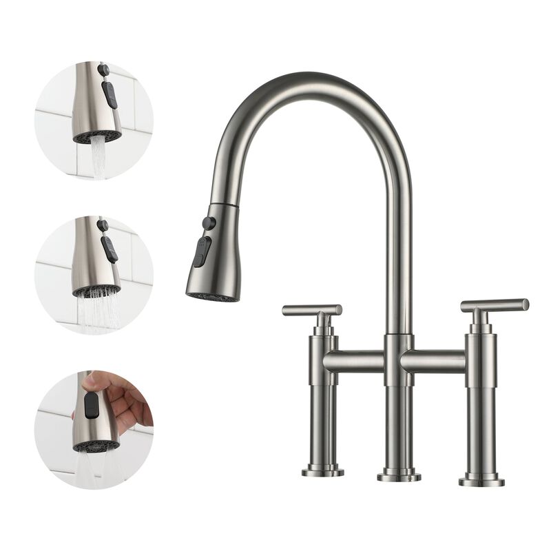 Mondawe 3 Way Spray Function Bridge Kitchen Faucet with Pull Down Sprayer 8" Widespread 360 Swivel Spout