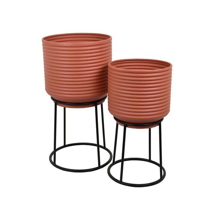 24 Inch Metal Planters with Stand, Set of 2, Terracotta and Black - Benzara