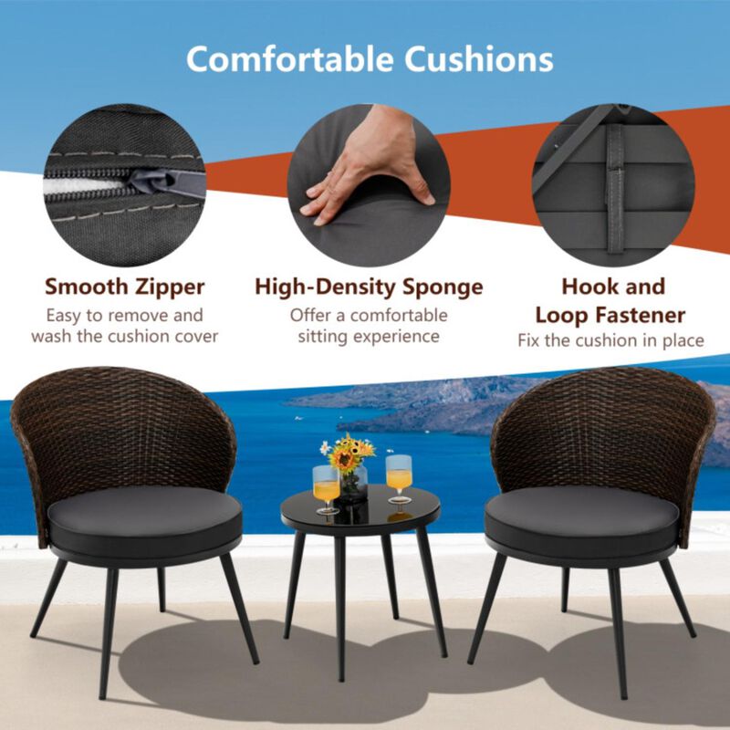 Hivvago 3 Pieces Patio Rattan Bistro Set with 2 Seat Cushions and Tempered Glass Tabletop