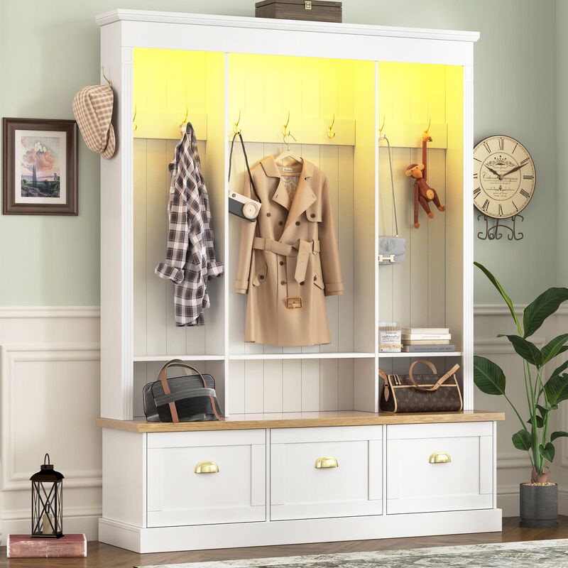 Clihome APP Controlled LED Light Hall Tree Storage Bench with Hooks and 3 Large Cabinets for Hallway image number 1