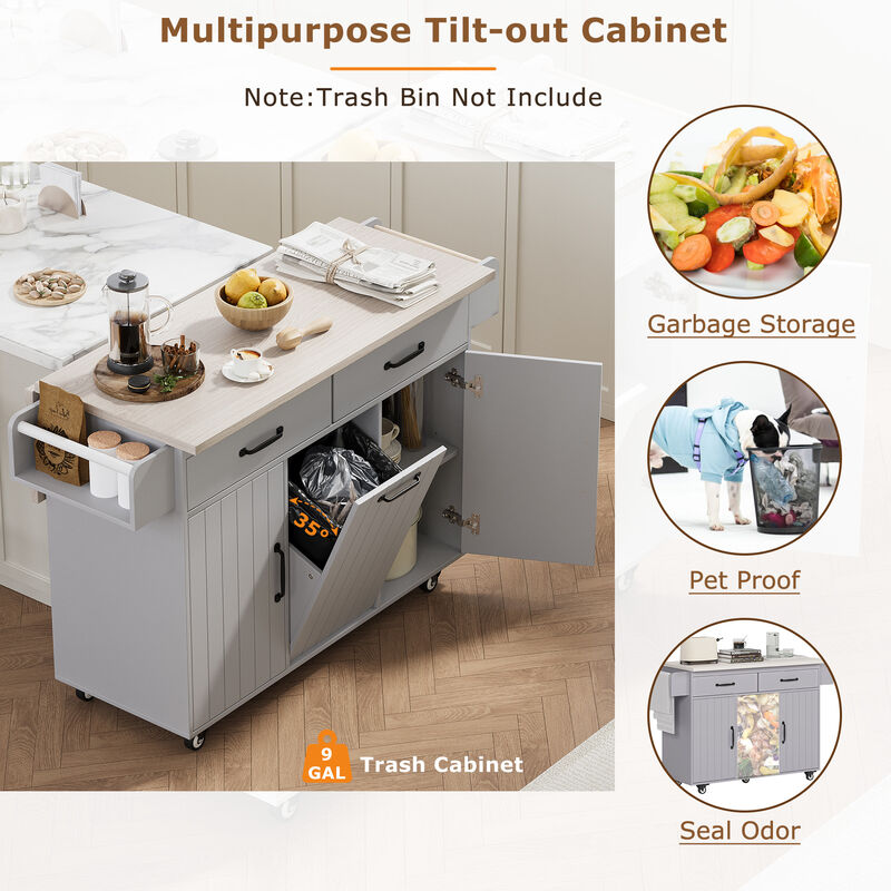 Merax Rolling Kitchen Island with Tilt-Out Trash Cabinet, Drop Leaf, 2 Drawers, 2 Cabinets image number 2