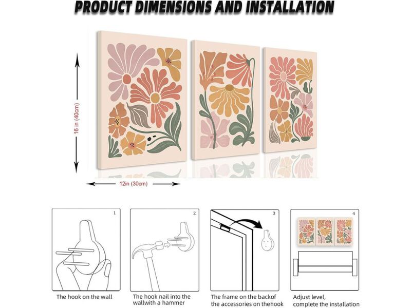 Boho Floral Canvas Wall Art 3 Piece Abstract Botanical Decor for Living Room Home image number 2