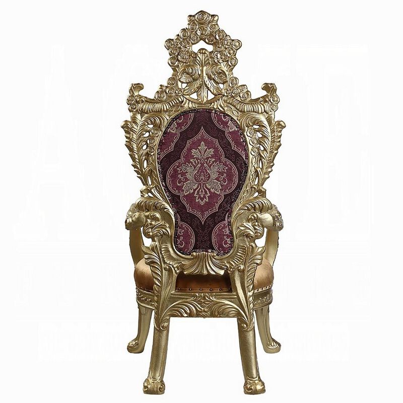 Rexx Dining Armchair Set of 2, Crown Top, Nailhead Trim, Gold and Red - Benzara image number 2