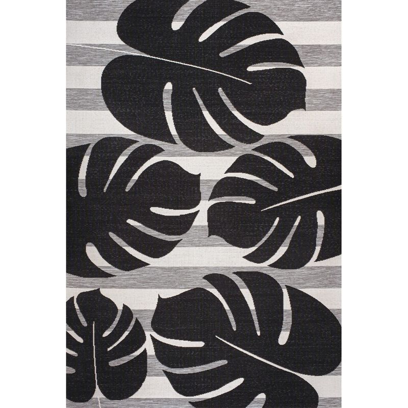 Allison Classic Beach Stripe and Monstera Leaf Indoor/Outdoor Area Rug