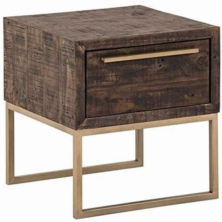Wooden Lamp Table with 1 Storage Drawer and Metal Base, Brown and Gold-Benzara